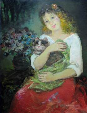 girl and cat pet kids Oil Paintings